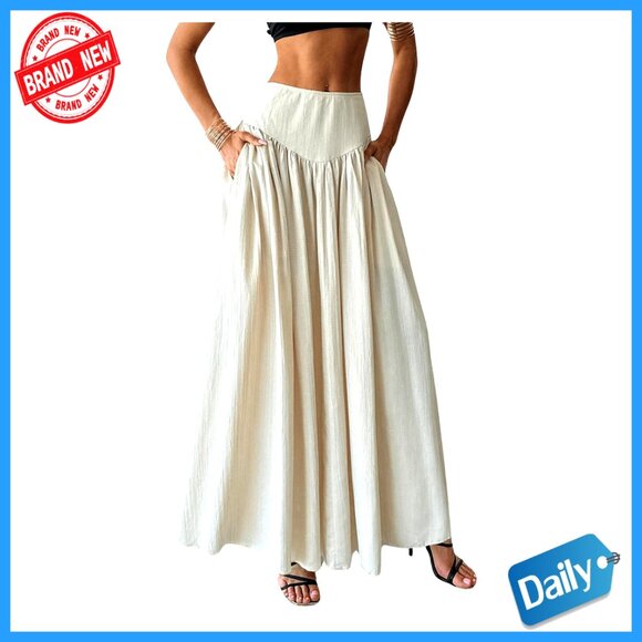 High Waist Pleated Maxi Skirt with Pocket Flowy Long Skirt for Women